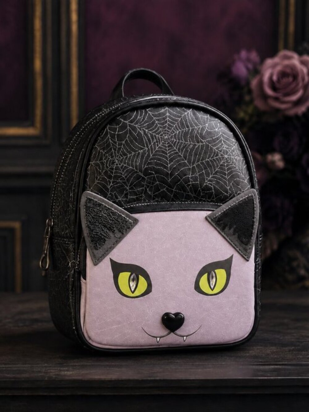 Betsey Johnson Vampire Cat Spiderweb Mini Backpack Black Gray NWT